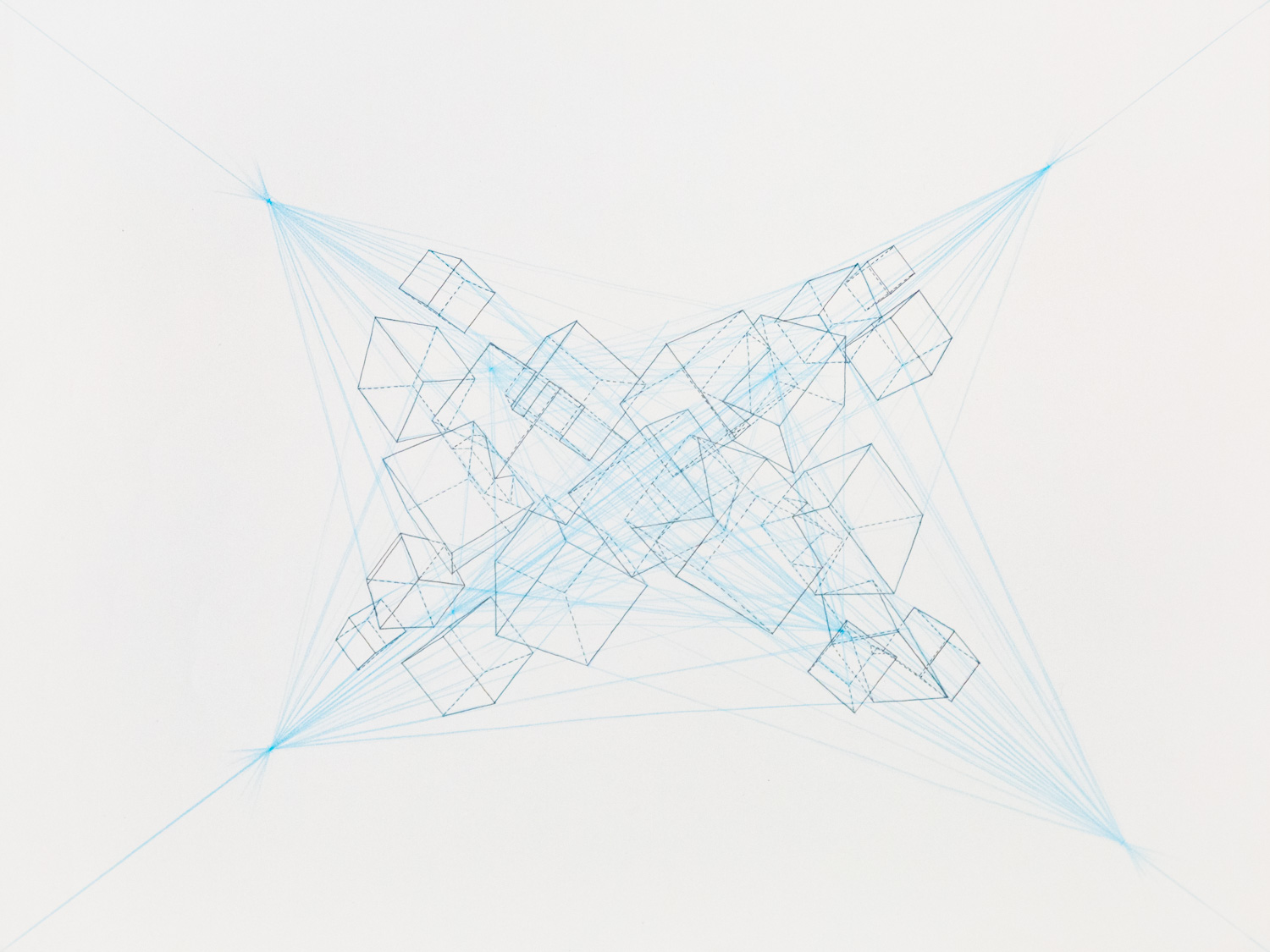 Line drawing of cubes intersecting each other.