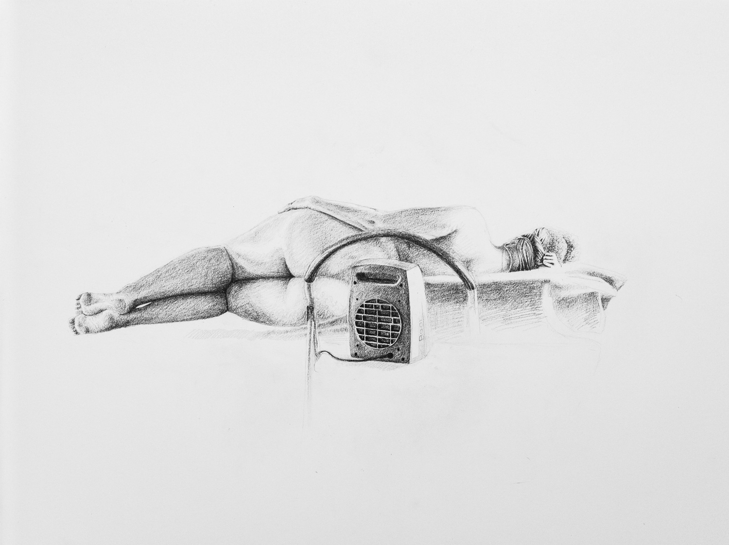 Drawing of a nude figure partially obstructed by a small heater in graphite.