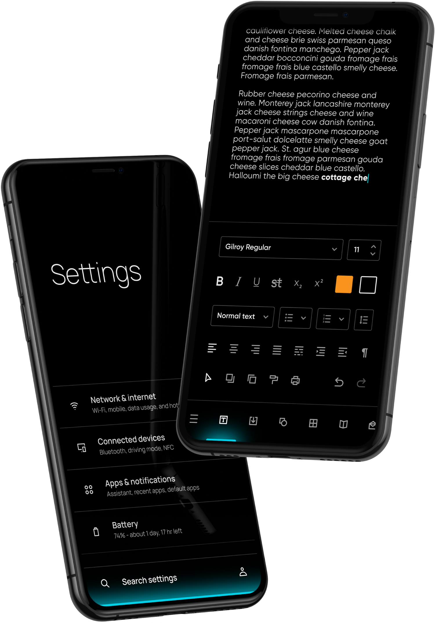 Two phones displaying Lumina Design interfaces. Left: settings menu. Right: word processor.