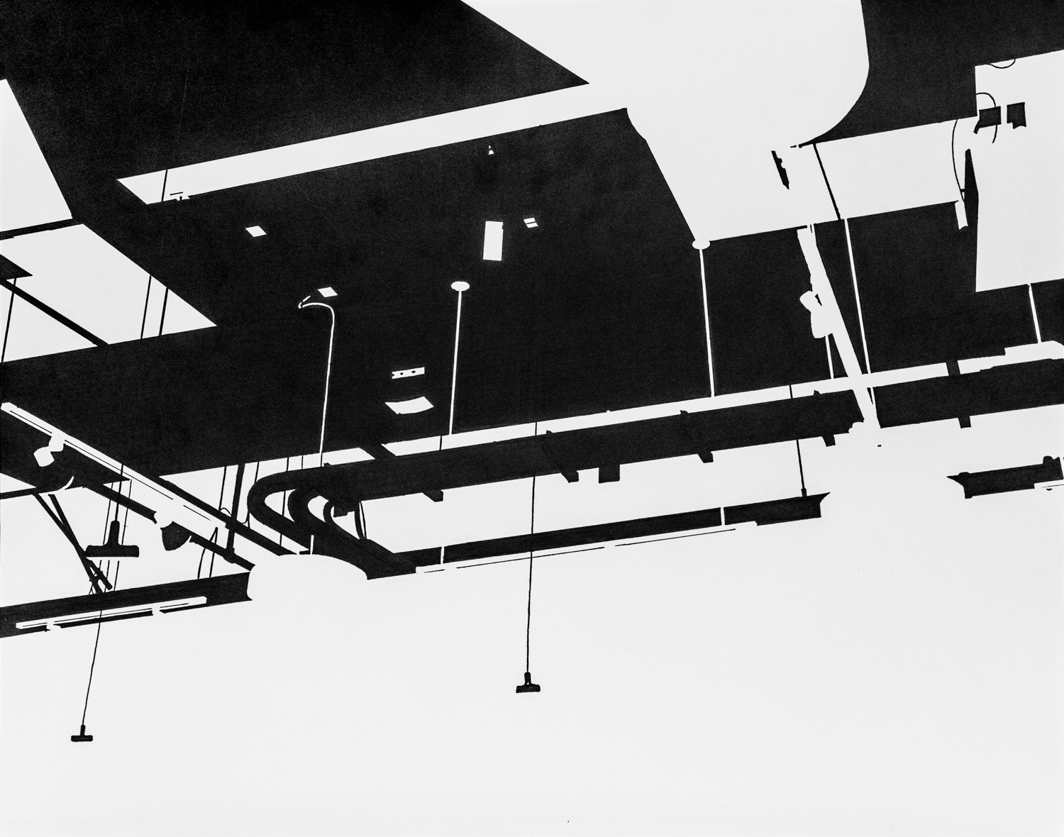 Negative space marker drawing of a studio ceiling filled with pipes and air ducts.