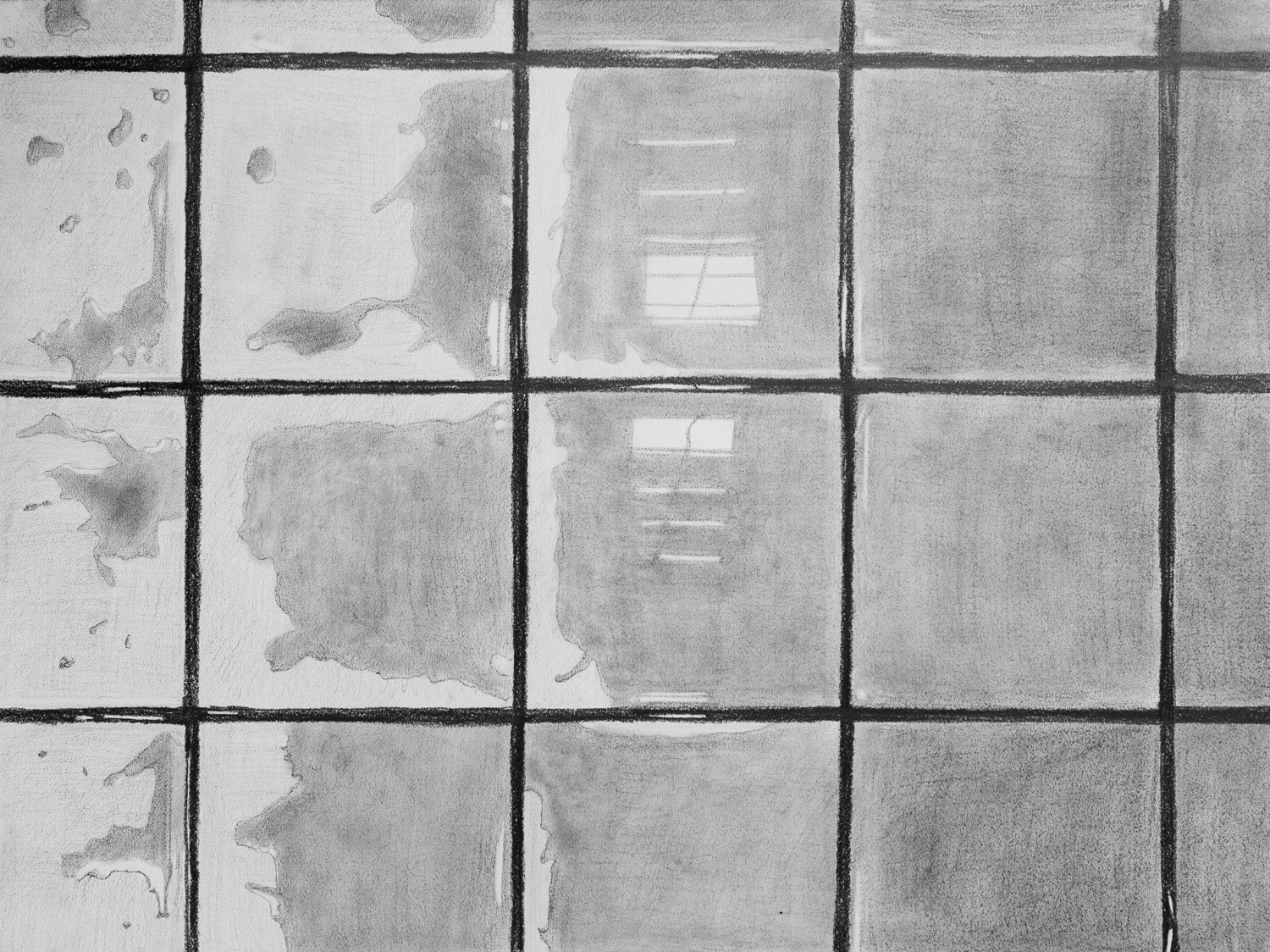Charcoal drawing of a wet bathroom tile floor.